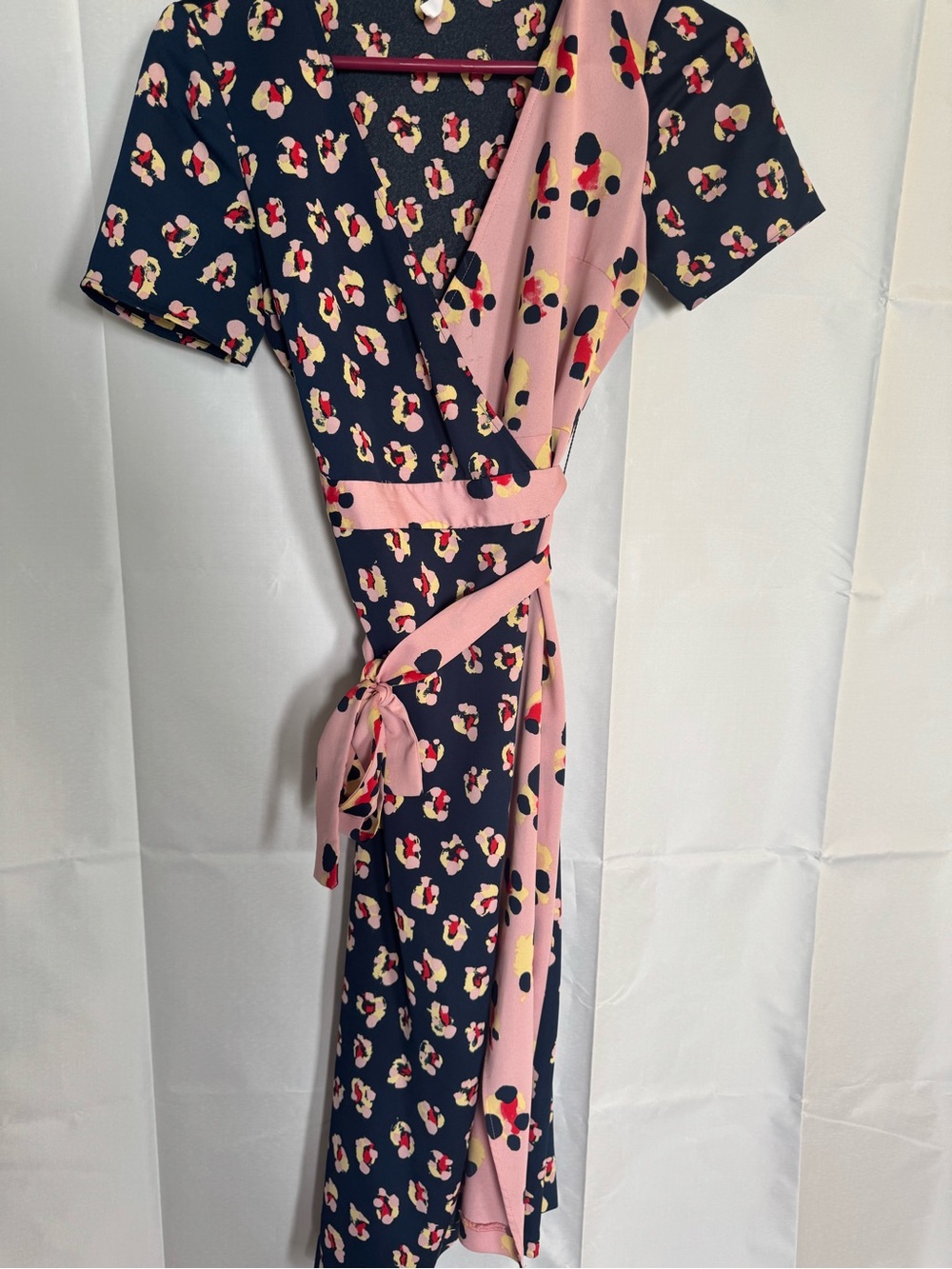 BCBGeneration Navy Wrap Dress with Pink Floral Spot Trim